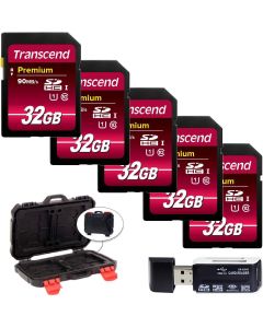 Transcend 32GB Premium Class 10 UHS-I 400X SDHC Flash and Memory Card (5-Pack) +Flash and Memory Card Hard Case + Hi-Speed SD USB Card