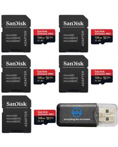 SanDisk 128GB Micro SDXC Extreme Pro Memory Card (Five Pack) Works with GoPro Hero 7 Black, Silver, Hero7 White UHS-1 U3 A2 Bundle with (1) Everything But Stromboli Micro Card Reader