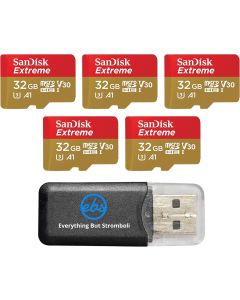 32GB SanDisk Extreme (Five Pack) 4K Micro Memory Card (SDSQXAF-032G-GN6MN) UHD Video Speed 30 UHS-1 V30 32G MicroSD HC Bundle with (1) Everything But Stromboli Card Reader